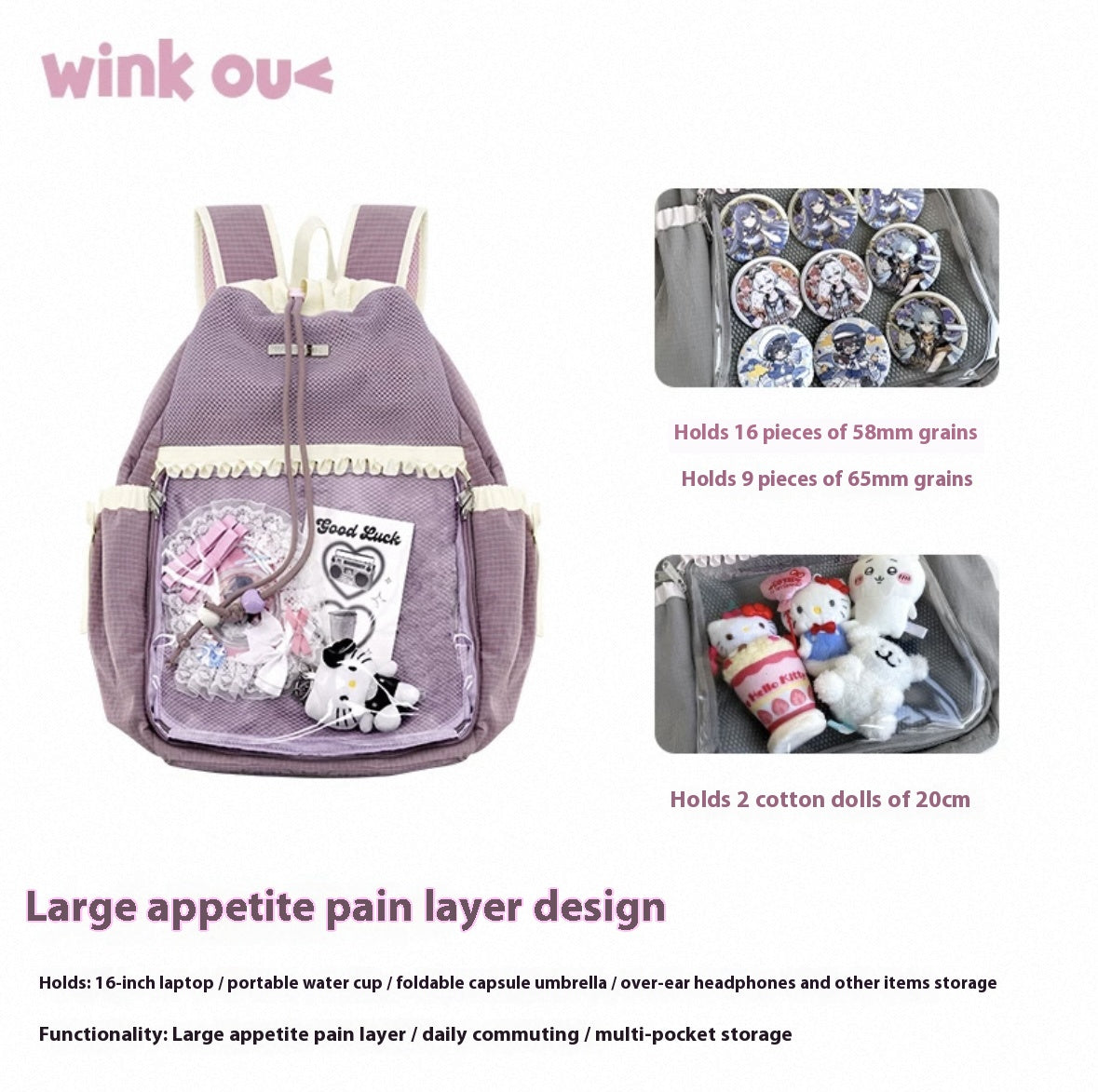 winkouv school bag backpack for school ita bag college large capacity suitable for plush tools