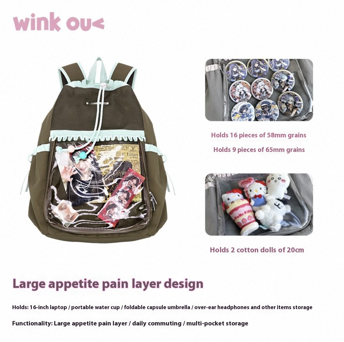 winkouv school bag backpack for school ita bag college large capacity suitable for plush tools